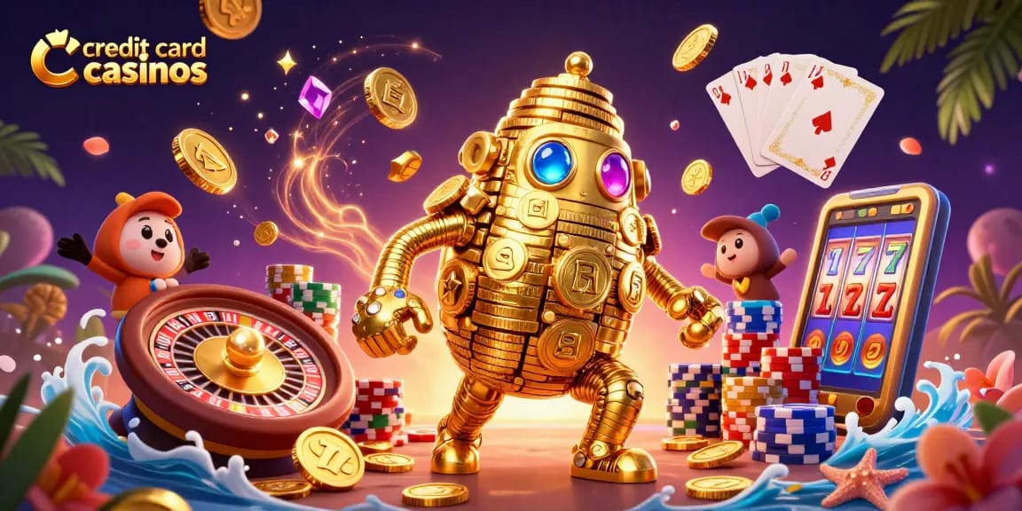 Engage with exciting credit card casinos featuring animated gold golem and a rich gaming environment.