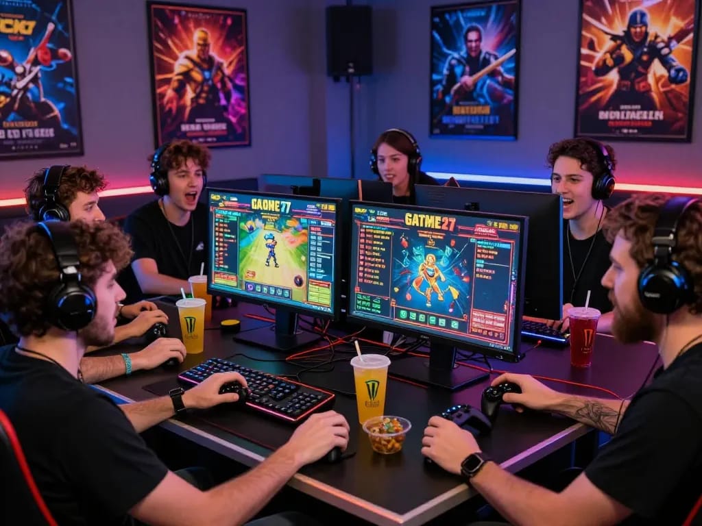 Para gamer yang antusias terlibat dalam pengalaman gaming online hotplay88 dengan grafik yang hidup dan suasana yang berwarna-warni.