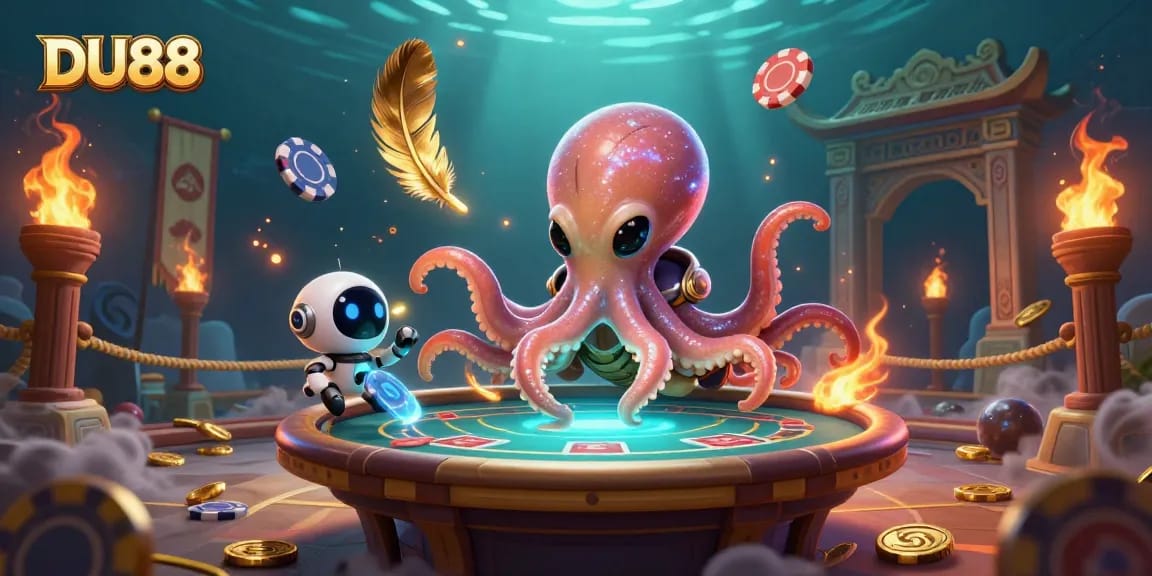 Engage in thrilling gambling adventures with DU88 at a holographic poker table in space.