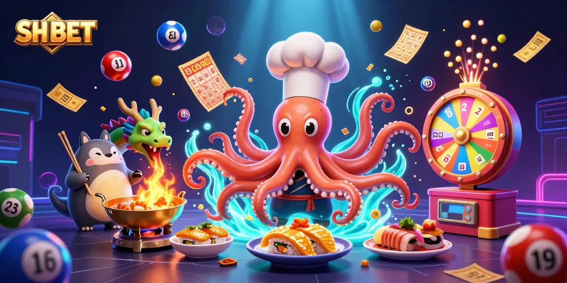 Experience the excitement of SH BET with vibrant games and characters in a fantastical casino scene.
