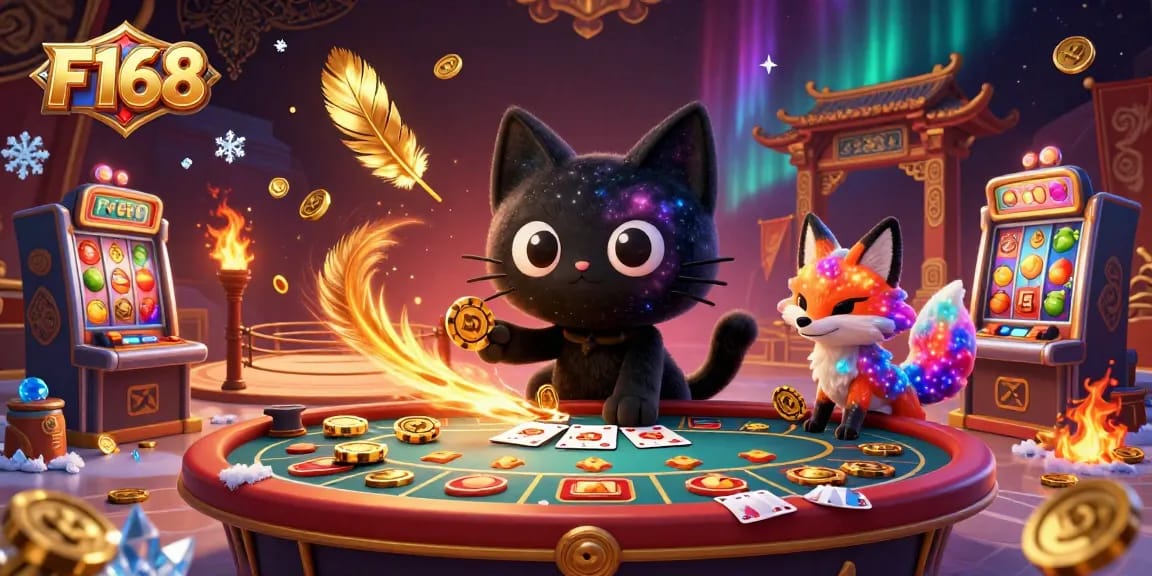 Join the cosmic gaming action at F168 with captivating characters and vibrant casino elements.