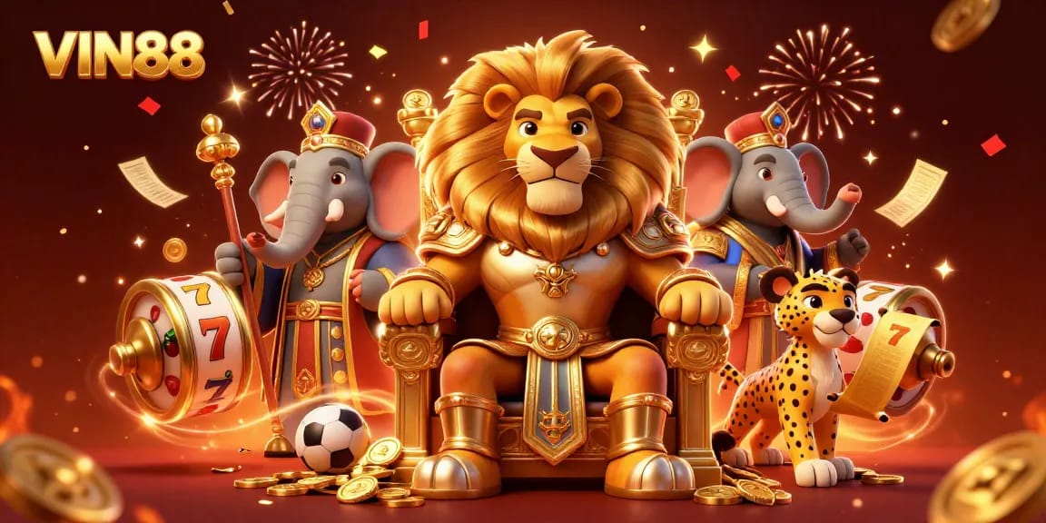 Engage with thrilling slots at VIN88 featuring a majestic lion king, elephant advisor, and cheetah messenger.