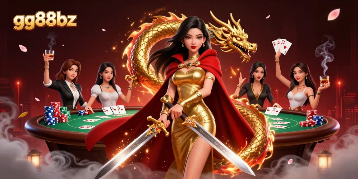 Engage in epic gaming action at GG88BZ with thrilling poker setups and a stunning warrior queen.