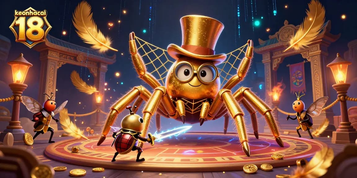 Experience thrilling action with keonhacai 18's golden tarantula leading the adventure in this rich casino scene.