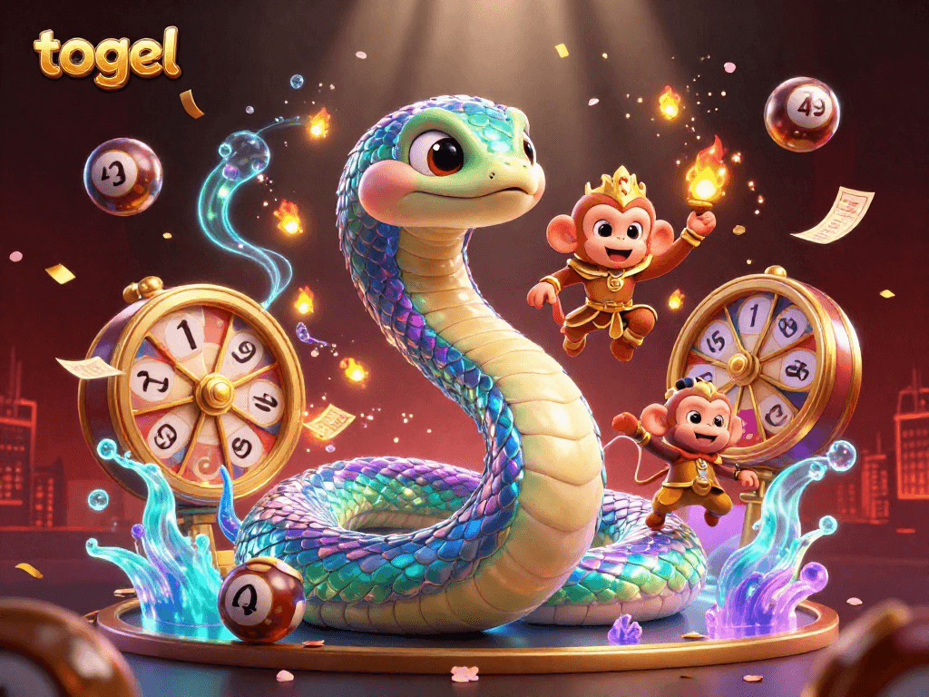 Experience thrilling togel gaming with iridescent serpent, vibrant elements and golden prizes in a dynamic scene.