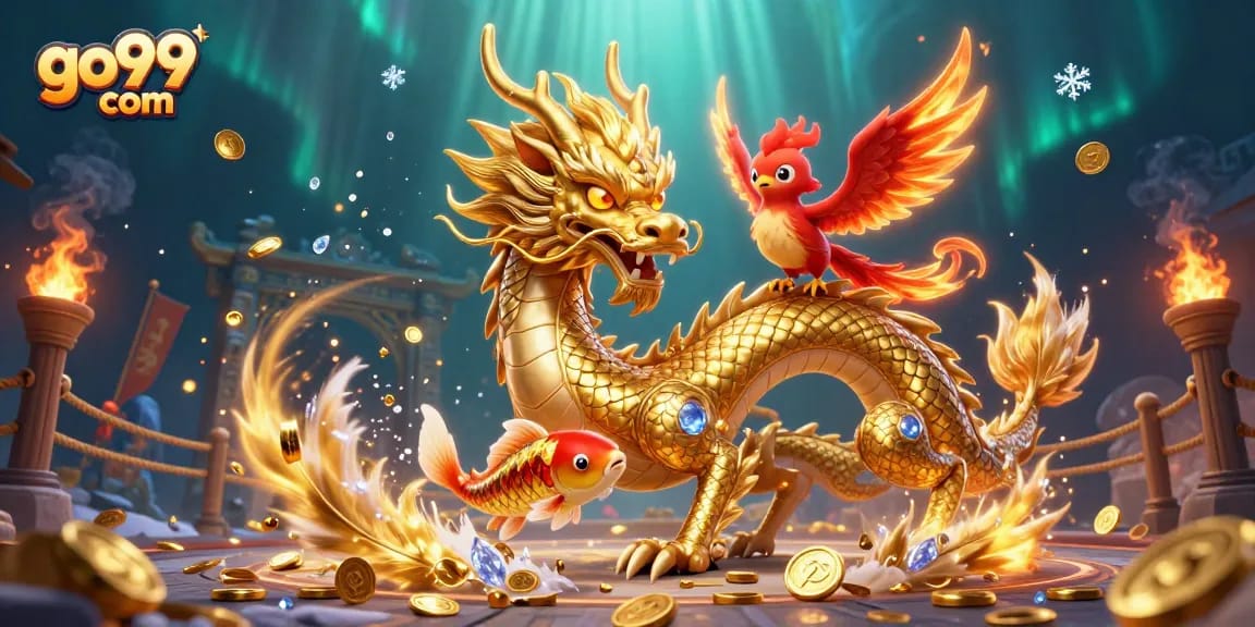 Experience the thrill at go99 com with a vibrant dragon, phoenix, and koi fish amidst gold coins!