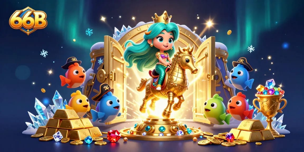 Experience the thrill of gaming at 66B with vibrant characters and lavish treasures in this casino-themed scene.