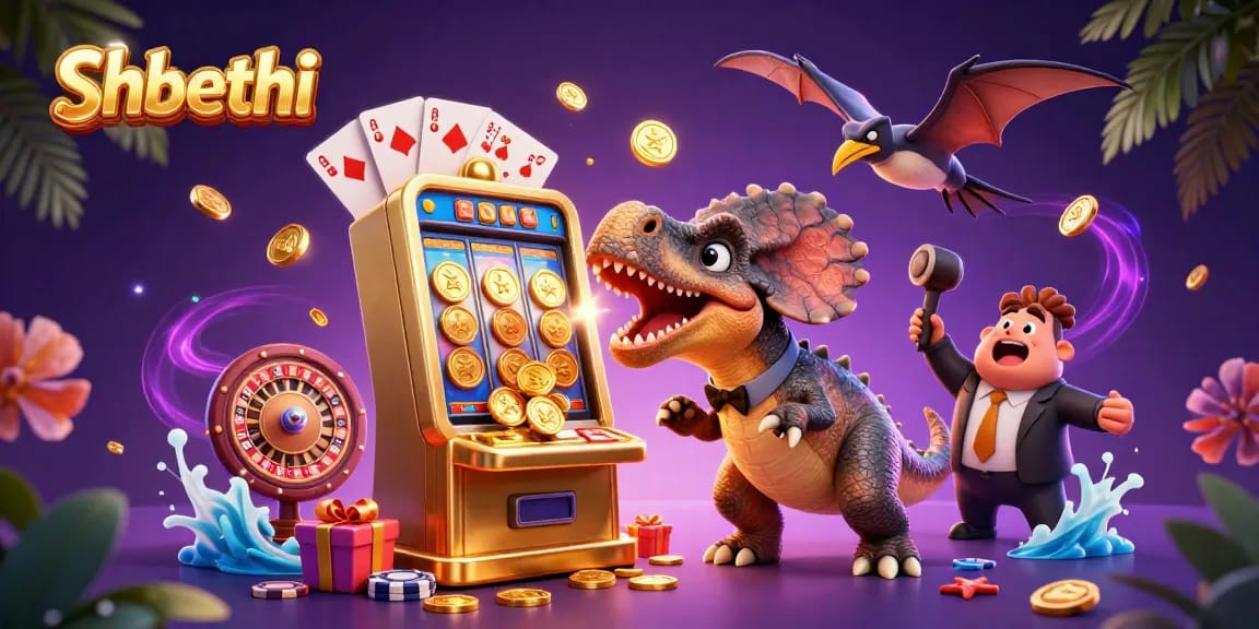 Experience exciting wins at shbethi with a cartoon dinosaur headbutting a golden slot machine in this vibrant casino scene.