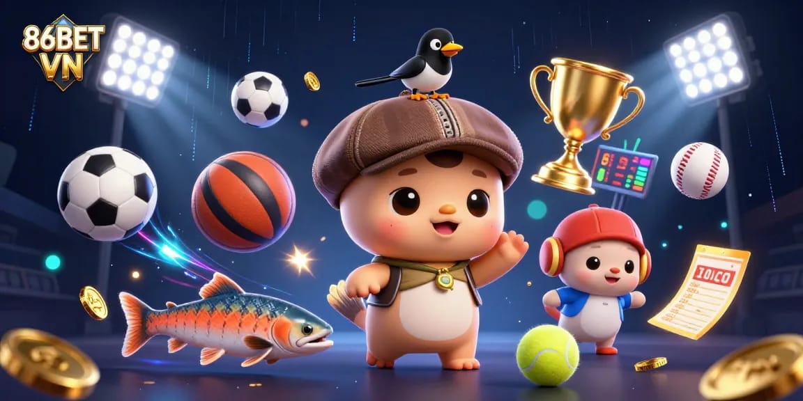 Engage with thrilling bets at 86BET VN featuring playful characters and vibrant casino elements.