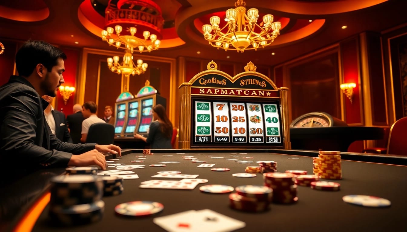 Players enjoying the qqmacan slot machine in a vibrant casino setting with luxurious decor.