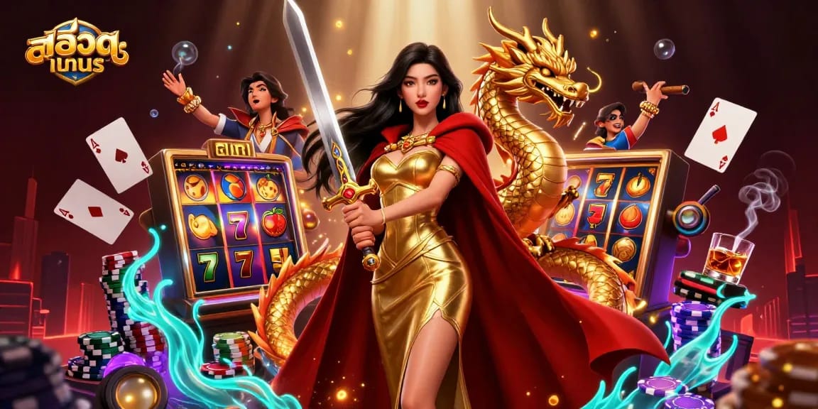 Spin the slots with สล็อตทดลอง in an action-packed casino setting featuring colorful symbols and dynamic elements.