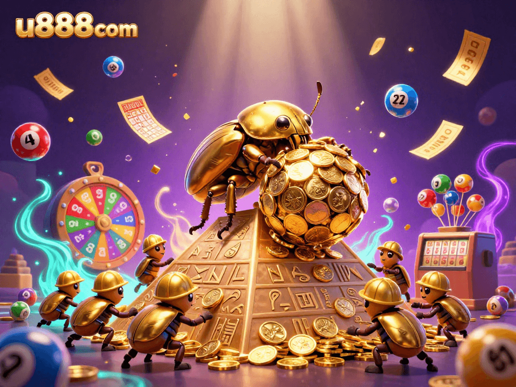 Experience the excitement of u888com with golden beetles and vibrant lottery elements in this dynamic scene.