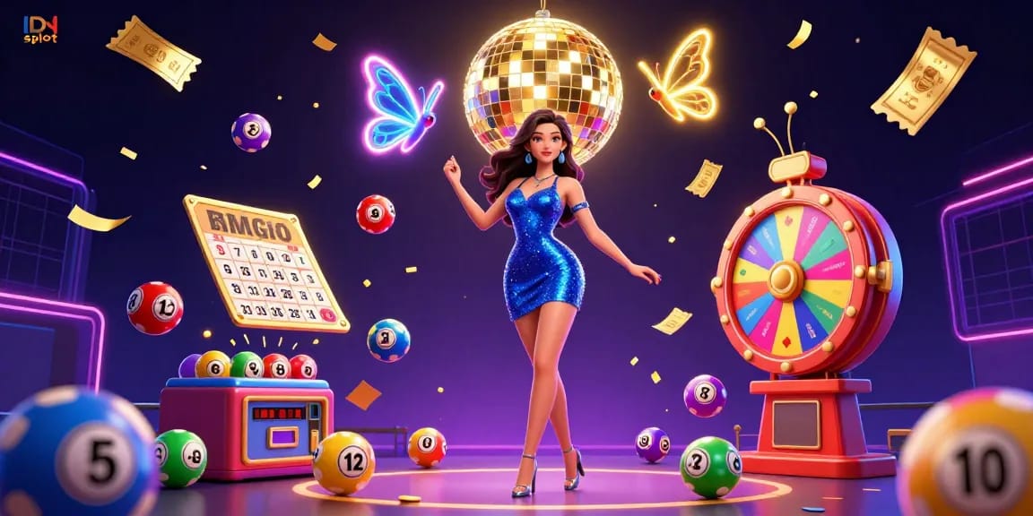 Experience the excitement of idn slot with vibrant visuals from a dynamic casino scene filled with games and celebrations.
