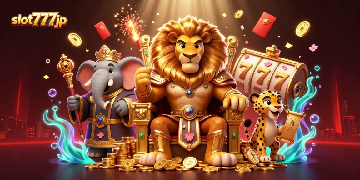 Experience the thrill and excitement of slot777jp with majestic characters in a vibrant casino scene.