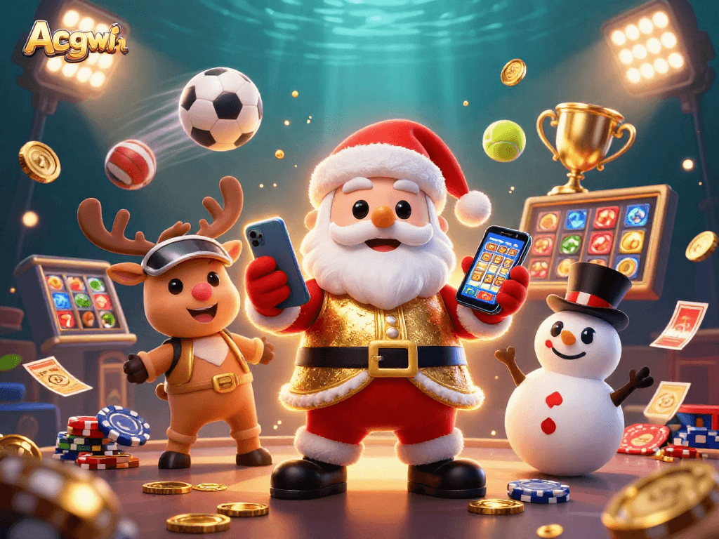Engage with Acgwin’s vibrant casino adventure featuring Santa and friends amidst dynamic gaming action.