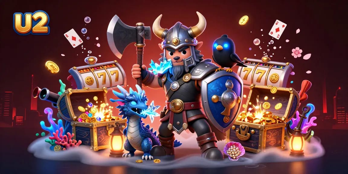 Win big at u2 casino with thrilling slot reels, vibrant 3D gaming characters, and dynamic treasure visuals.