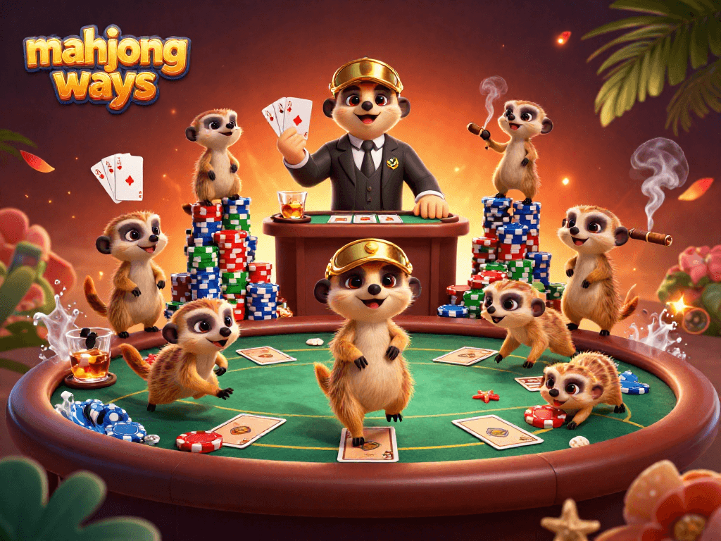 Experience mahjong ways with a lively scene of charming meerkats managing a bustling casino filled with poker excitement.