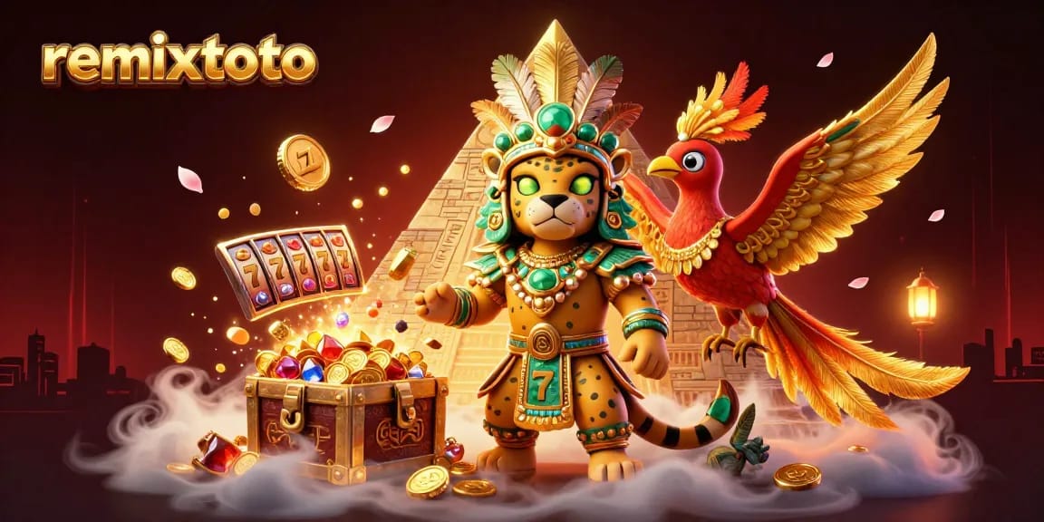 Experience the excitement of remixtoto with a Mayan-themed 3D casino illustration featuring vibrant slot elements.