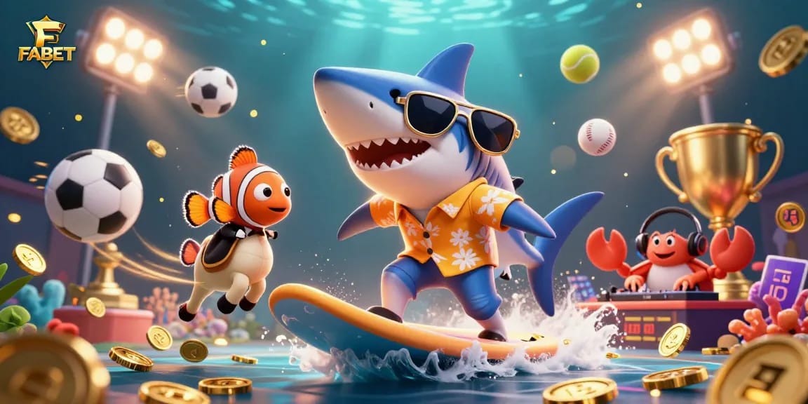 Experience thrilling gambling excitement with FABET in a vibrant underwater casino scene featuring animated characters and dynamic game elements.