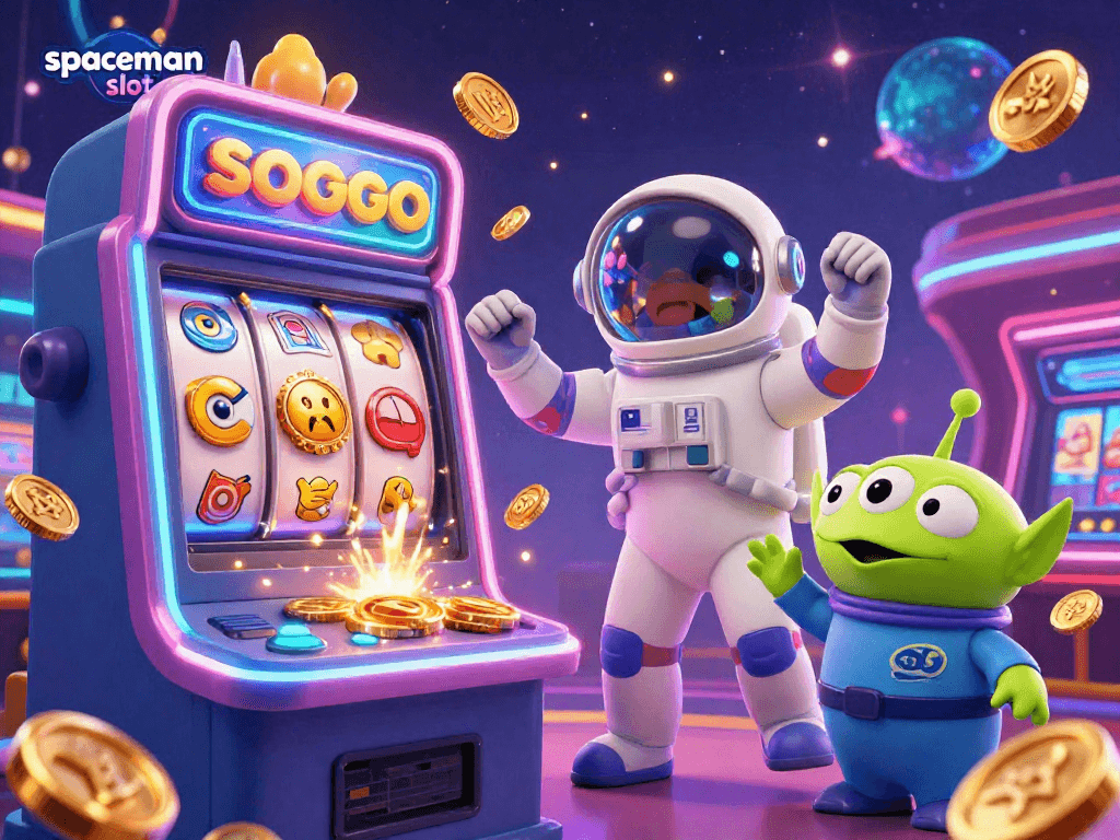 Experience thrilling wins with spaceman slot in this vibrant cosmic casino scene featuring colorful slot machines and sparkling coins.