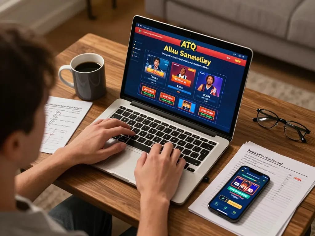 An engaged player using a laptop for ATQ online casino gaming, highlighting strategic notes and a smartphone app in a cozy home setting.