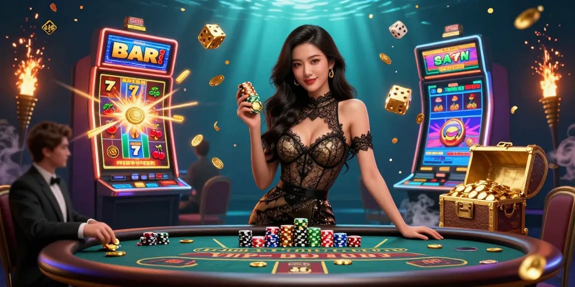 Experience high-stakes gaming with lotus365 id at an exclusive baccarat table, surrounded by vibrant casino elements.