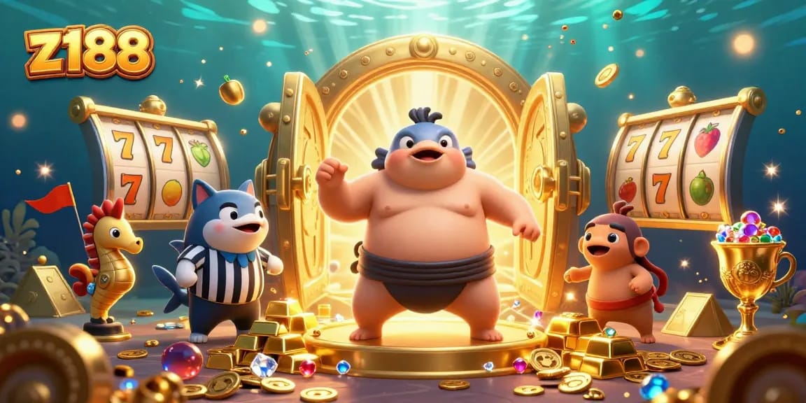 Experience the excitement of z188 with vibrant underwater casino elements featuring a fugu, referee, and slot reels.