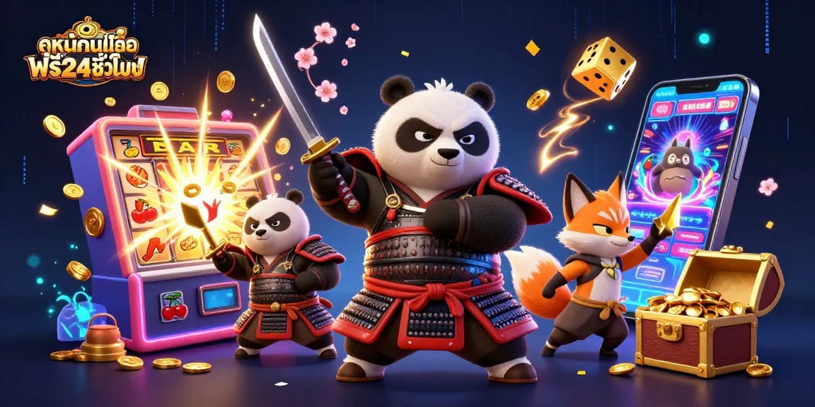 Experienceดูหนังออนไลน์ฟรี24ชั่วโมง with a dynamic and vibrant illustration highlighting samurai and exciting casino elements.