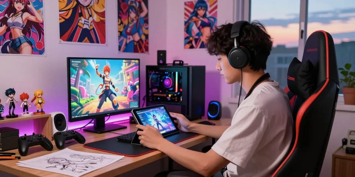 Player immersed in an android hentai game on a tablet amid colorful anime decor.