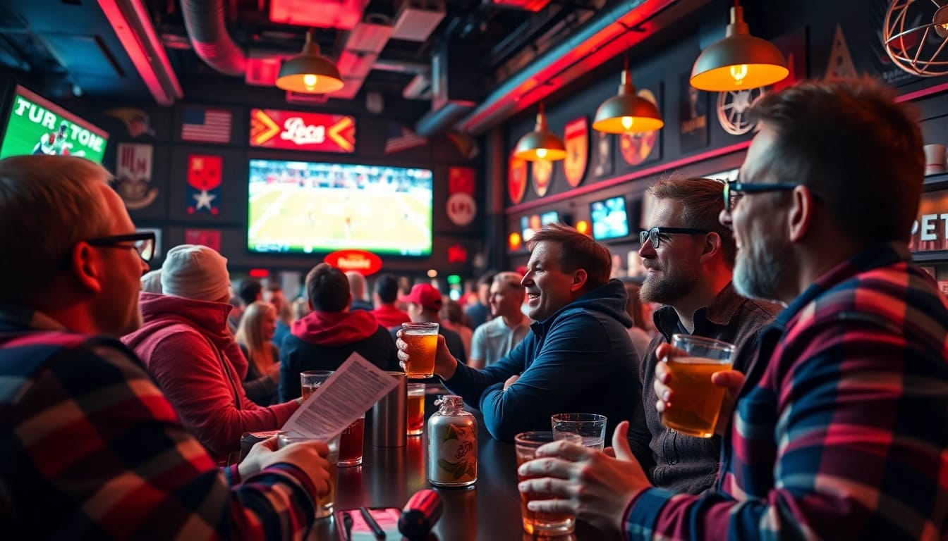 Engaging friends enjoying the excitement of Sports Betting while watching a live sports event.