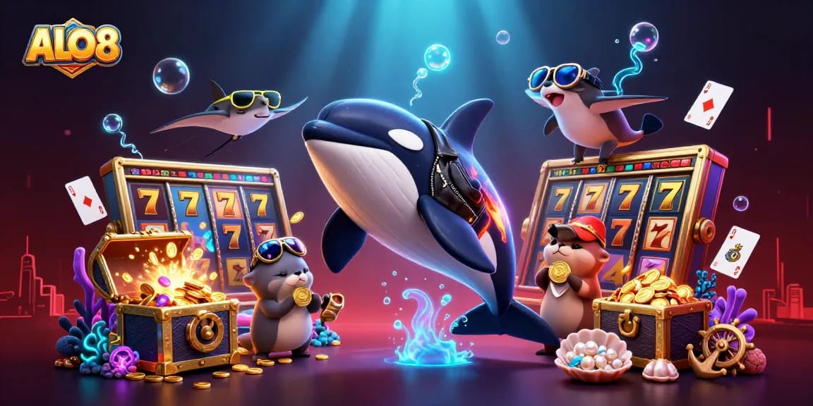 Engage in thrilling gameplay at ALO8 with a vibrant underwater casino scene featuring lively characters and exciting game elements.