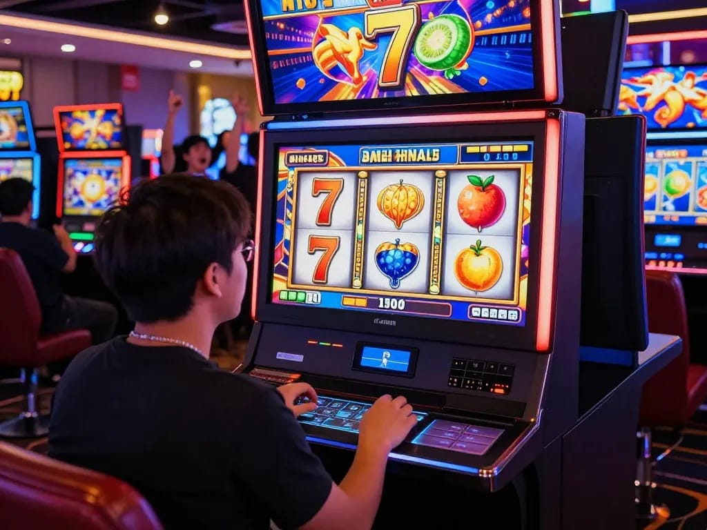 Exciting gaming environment with a player focused on situs slot gacor, surrounded by animated features and colorful lights.