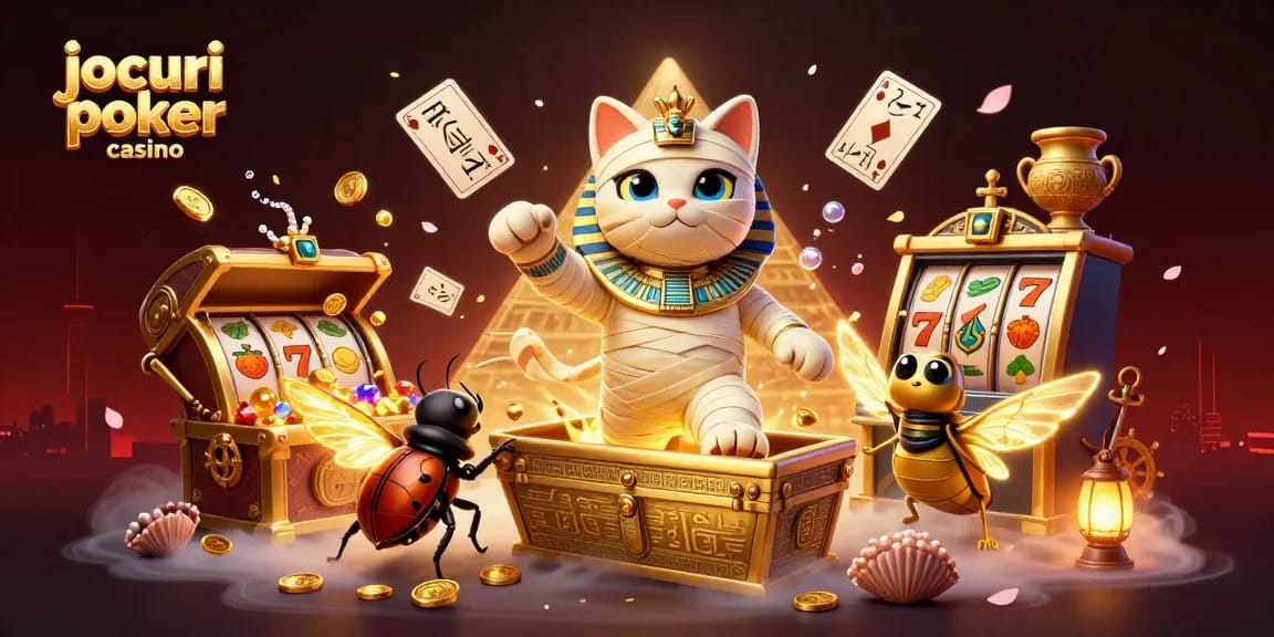 Joacă jocuri poker casino cu o pisică mumie egipteană și cărți pline de hieroglife în atmosferă de casino.