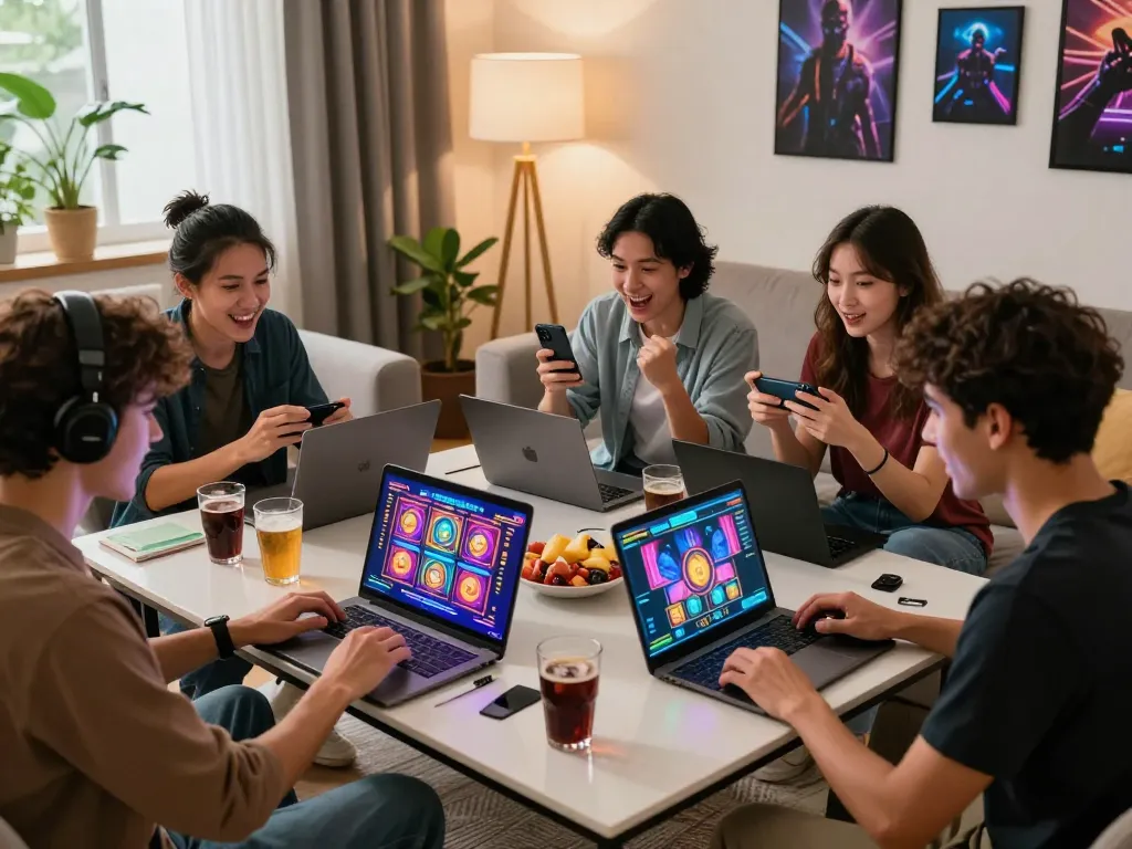 adegan permainan situs slot gacor dengan teman-teman yang bermain slot online di ruang tamu yang bergaya