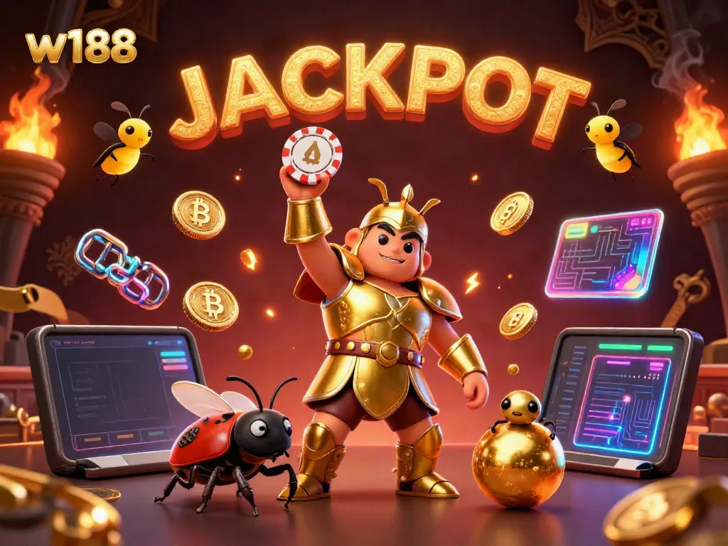 W188 showcases a victorious cartoon beetle lifting a poker chip, celebrating a casino win.