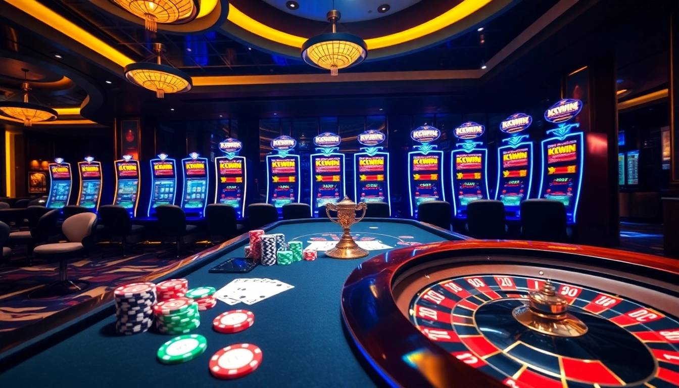 Experience the excitement of gambling with KKWIN at a luxurious casino table featuring cards and chips.