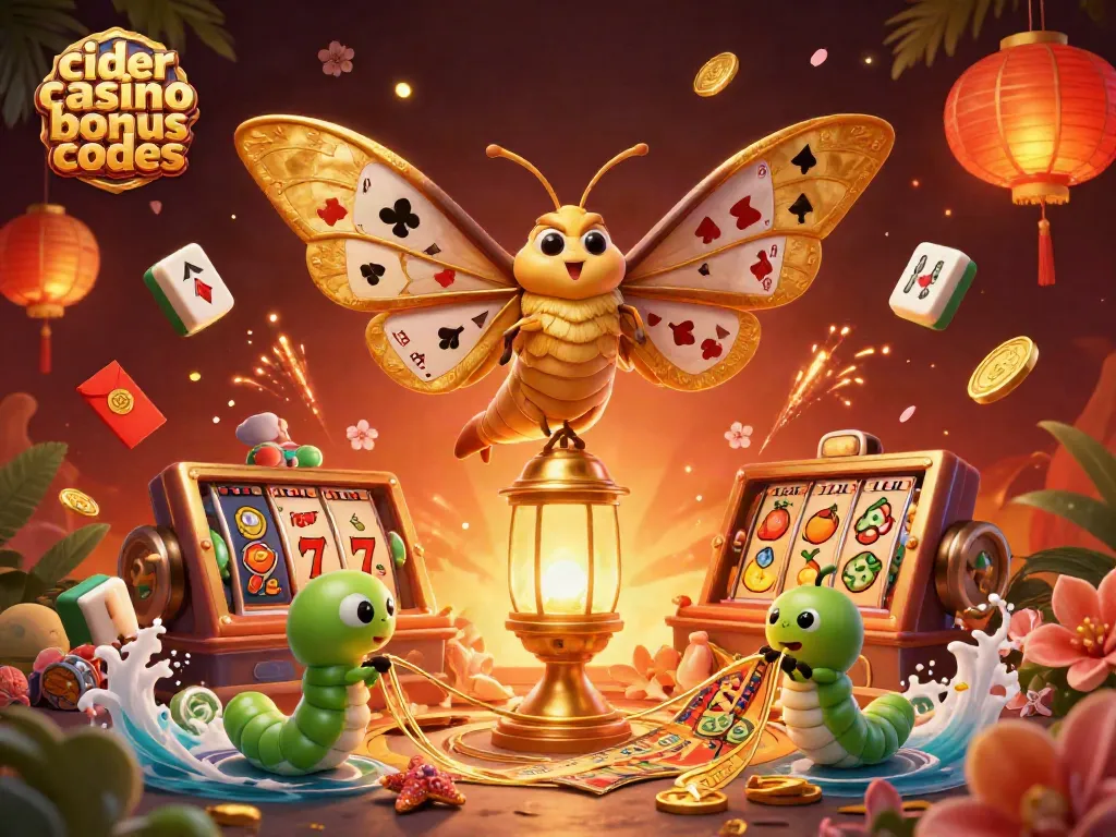 Cider casino bonus codes showcased with vibrant casino elements including 3D moth and lucky symbols.