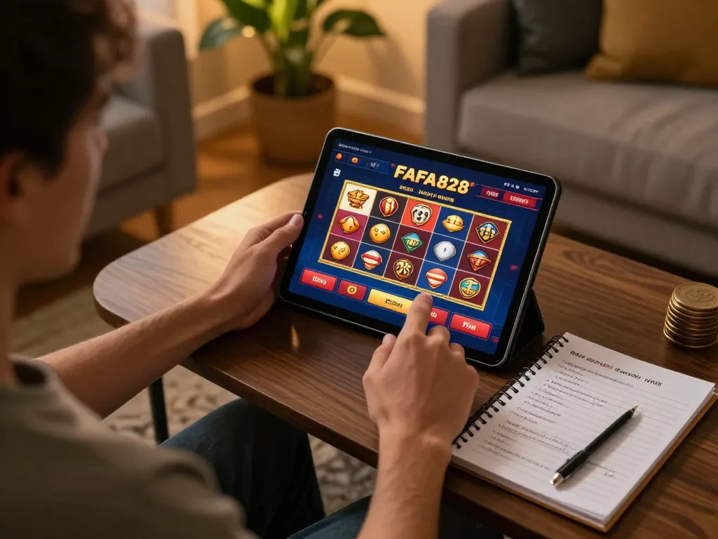 Person playing on FAFA828 casino app at home with strategic notes visible, showcasing responsible gambling.