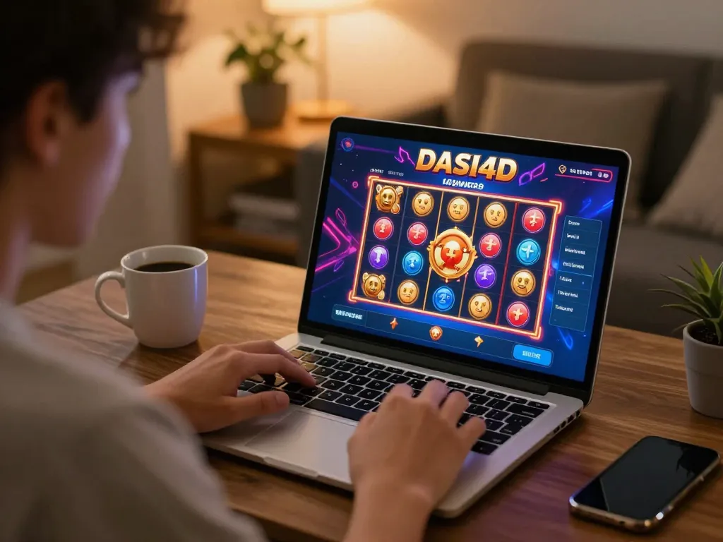 Pemain DASI4D menikmati permainan slot di laptop dengan suasana rumah yang hangat dan dekor yang nyaman