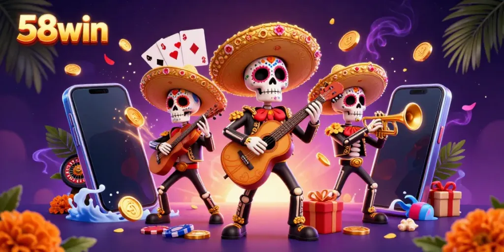Get ready to win big with 58win's thrilling slots, illustrated by vibrant mariachi characters.