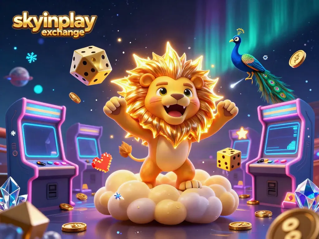 Engaging visual of a roaring lion and gold dice representing skyinplay exchange in a vibrant casino environment.