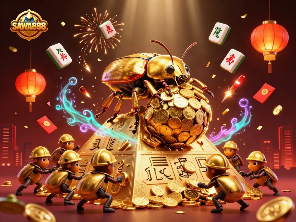 Experience thrilling gameplay with SAWA888's 3D casino world filled with dynamic golden beetles and riches.