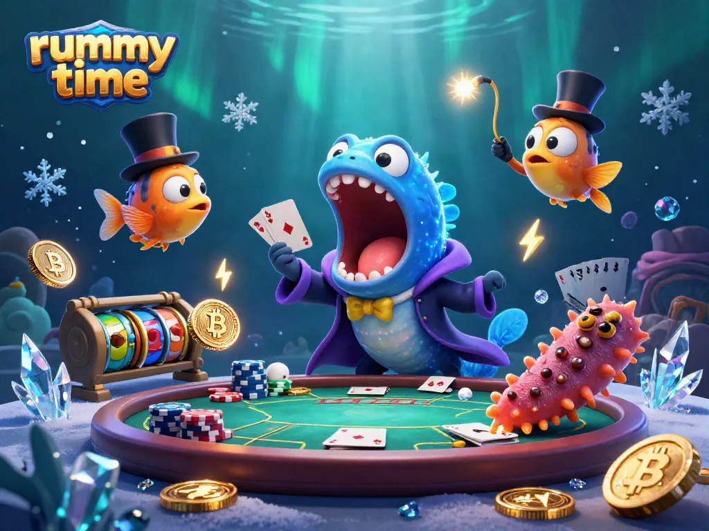 Experience thrilling rummy time magic with a cartoon eel and vibrant casino elements.