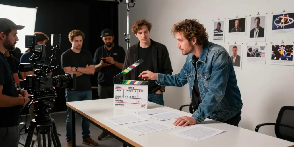 royal168 di studio film, sutradara berdiskusi dengan kru, suasana kreatif dan peralatan film terlihat jelas.