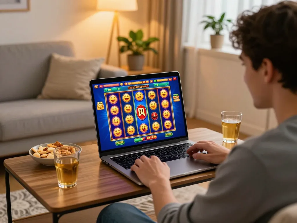 Engaging player enjoying slot online with vibrant game display on laptop, cozy home atmosphere.