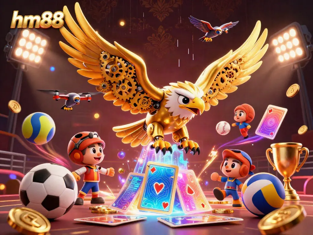 Witness the dynamic diving action of the cybernetic golden eagle among holographic cards at hm88 casino.