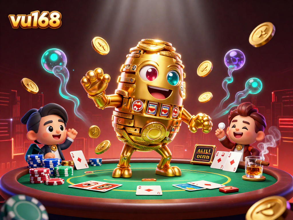 Engage with thrilling games at vu168, featuring a golden golem surrounded by poker elements in a vibrant casino setting.