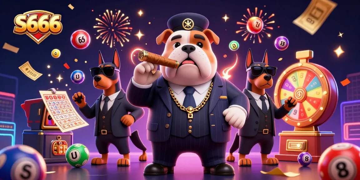 S666 showcases a vibrant online gaming scene with a mafia bulldog and lottery elements exploding with excitement.