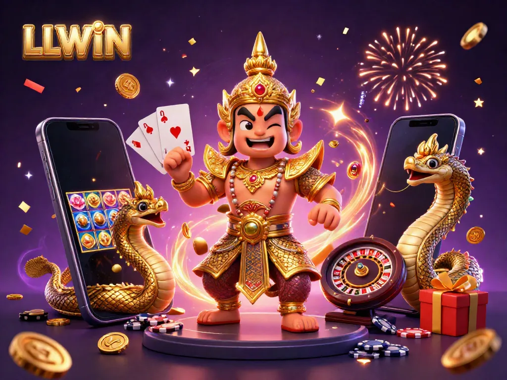 Experience excitement at LLWIN with vibrant gaming elements, joyful characters, and thrilling atmosphere