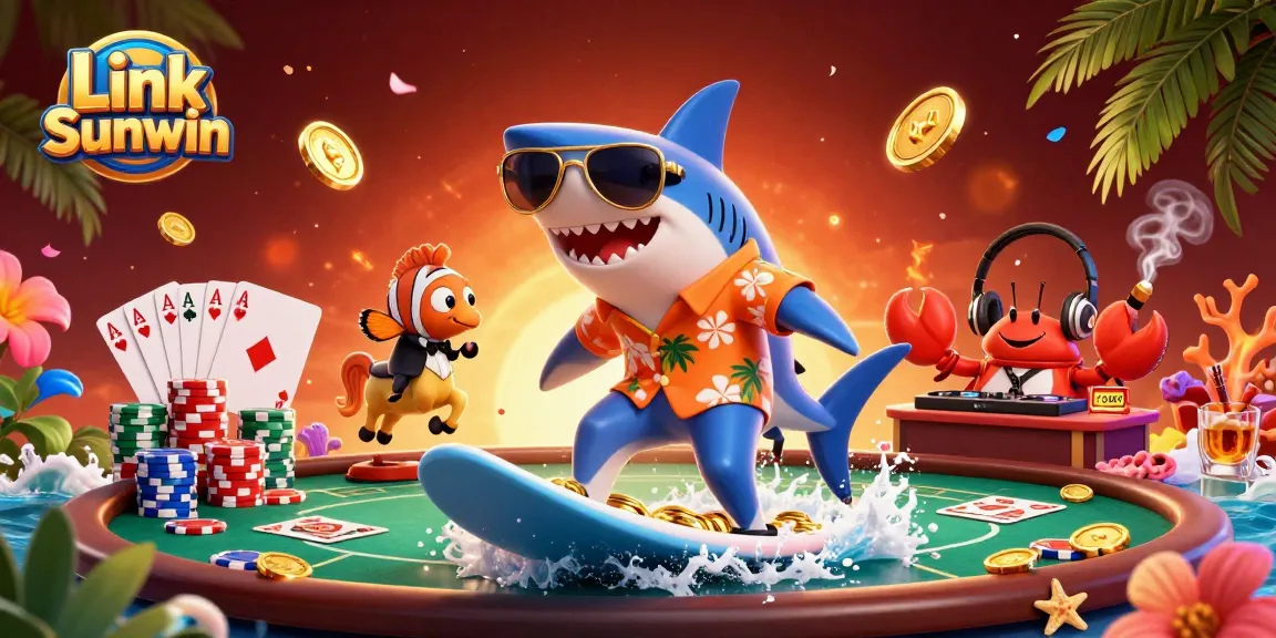 Surf with the Link Sunwin shark amidst gold coins and poker excitement in this vibrant scene.